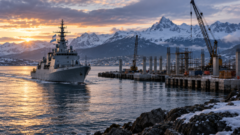Ilustración editorial de un buque naval frente a obras portuarias en Ushuaia