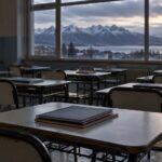 Ilustración digital de un aula vacía con paisaje austral; no corresponde a una escuela real