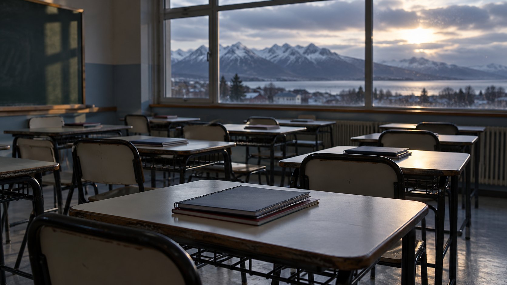 Ilustración digital de un aula vacía con paisaje austral; no corresponde a una escuela real