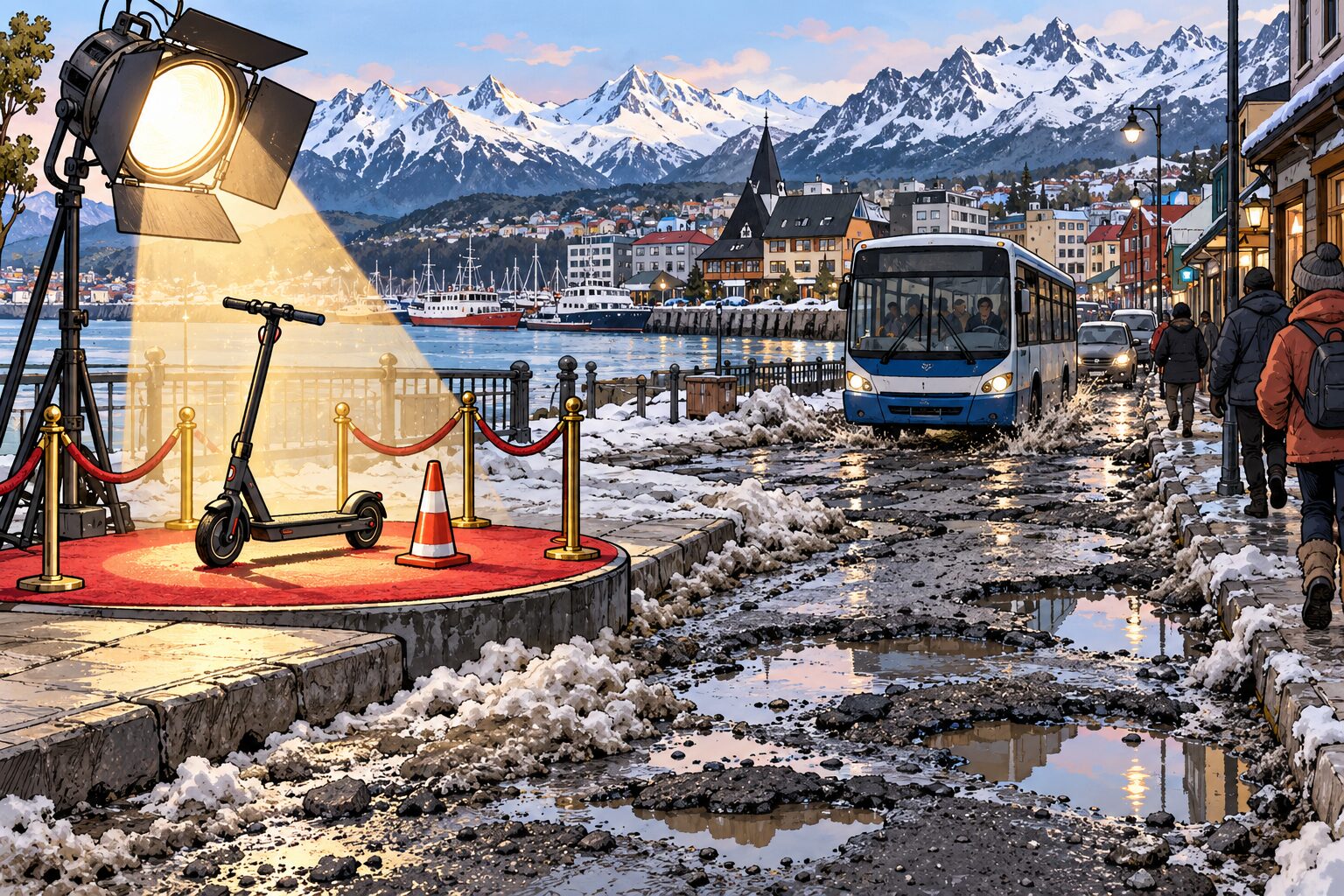 Ilustración satírica de un monopatín iluminado junto a una calle con baches en Ushuaia