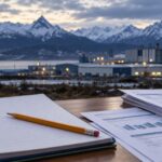 Ilustración digital de cuaderno, documentos fiscales e industria fueguina; no representa una fábrica real