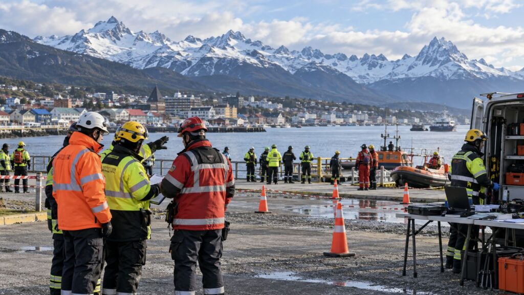 Imagen generada que ilustra un simulacro de emergencia en la costa de Ushuaia; no corresponde al operativo anunciado