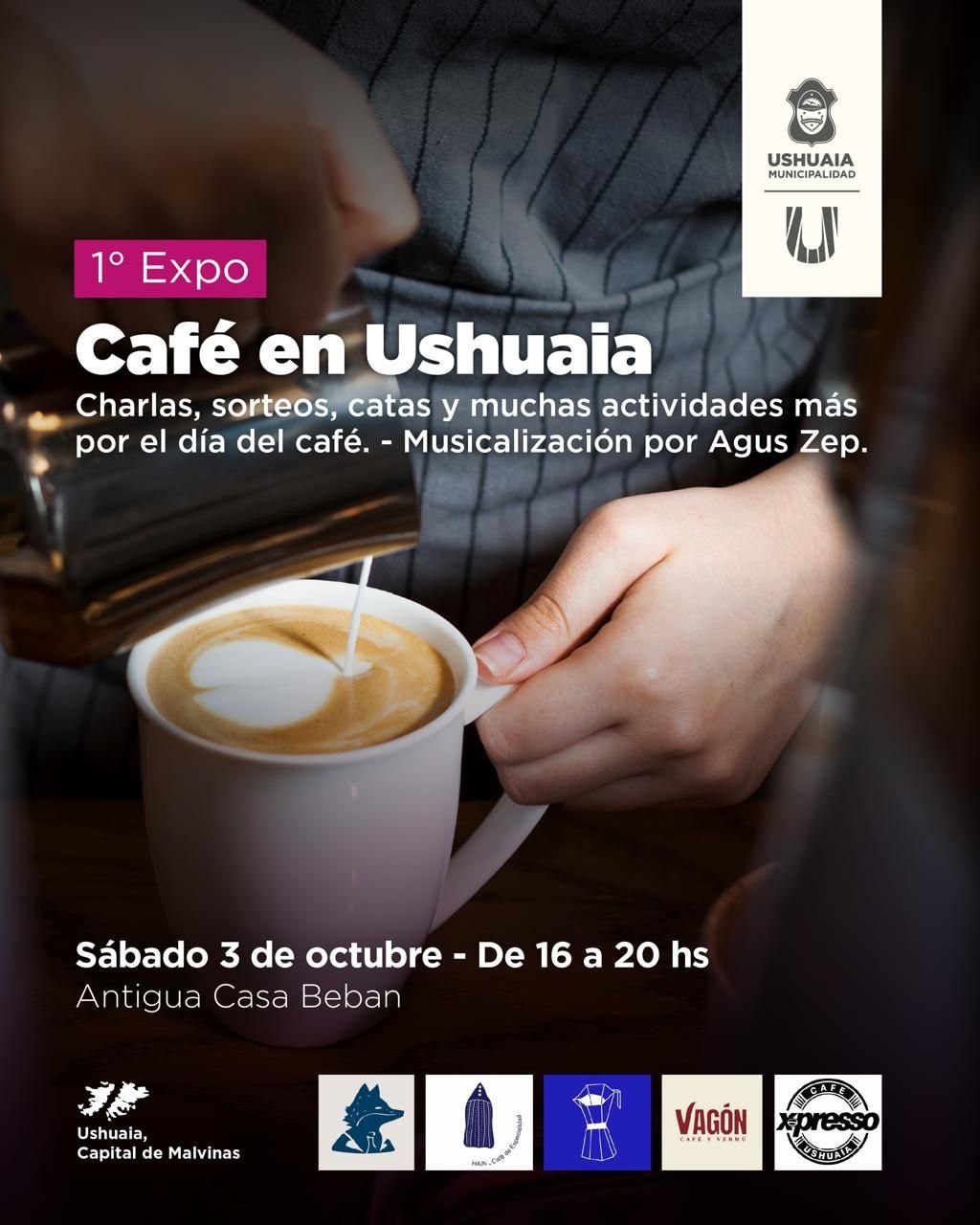 Afiche de Expo Café en Ushuaia, publicado por Aire Libre FM