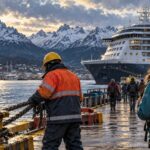 Ilustración editorial generada con IA de cruceros y trabajo en un paisaje inspirado en Ushuaia.
