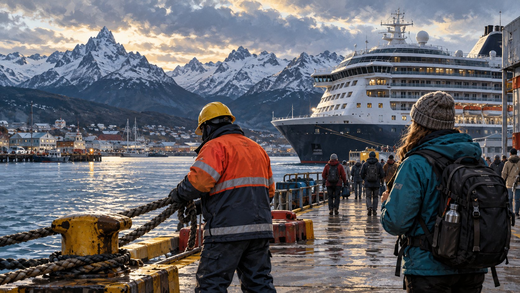 Ilustración editorial generada con IA de cruceros y trabajo en un paisaje inspirado en Ushuaia.